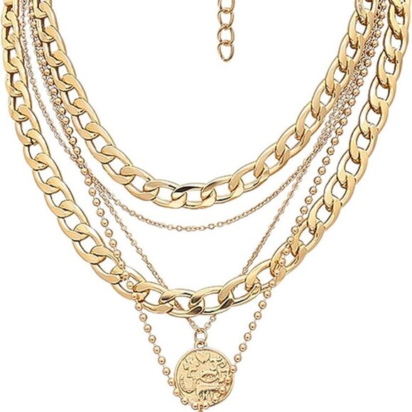 Gold Layered Necklaces for Women Trendy Retro Coin Pendant Necklace Dainty Chunk - Picture 1 of 9